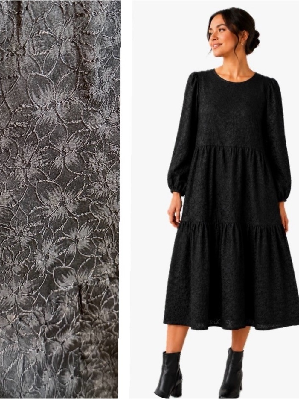 Anthropologie, RODE Black Textured Jacquard Tiered Midi Dress, Size Large NWT